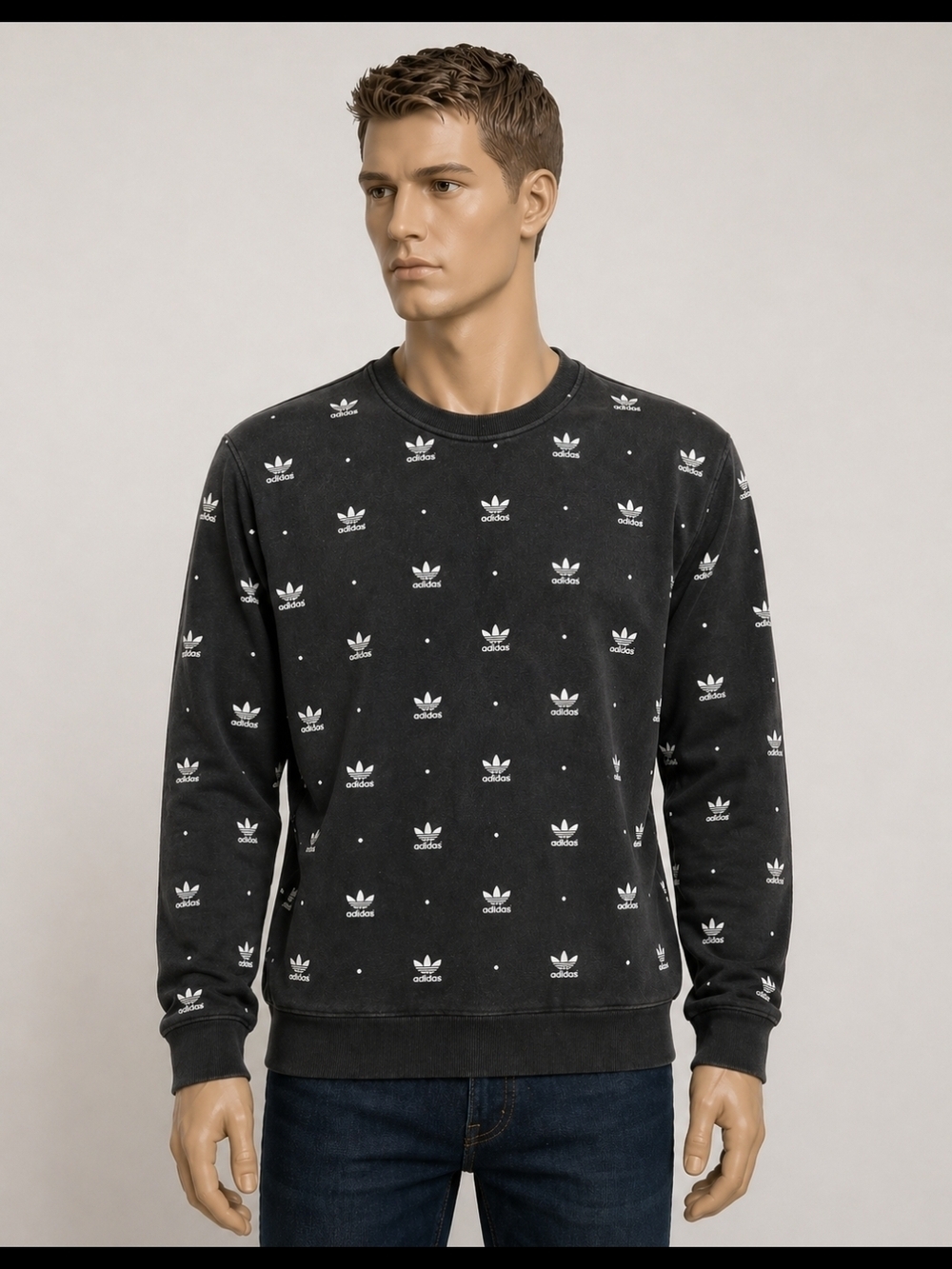 Adidas Trefoil AOP All Over Print Crewneck Sweatshirt Faded Black, Size Medium